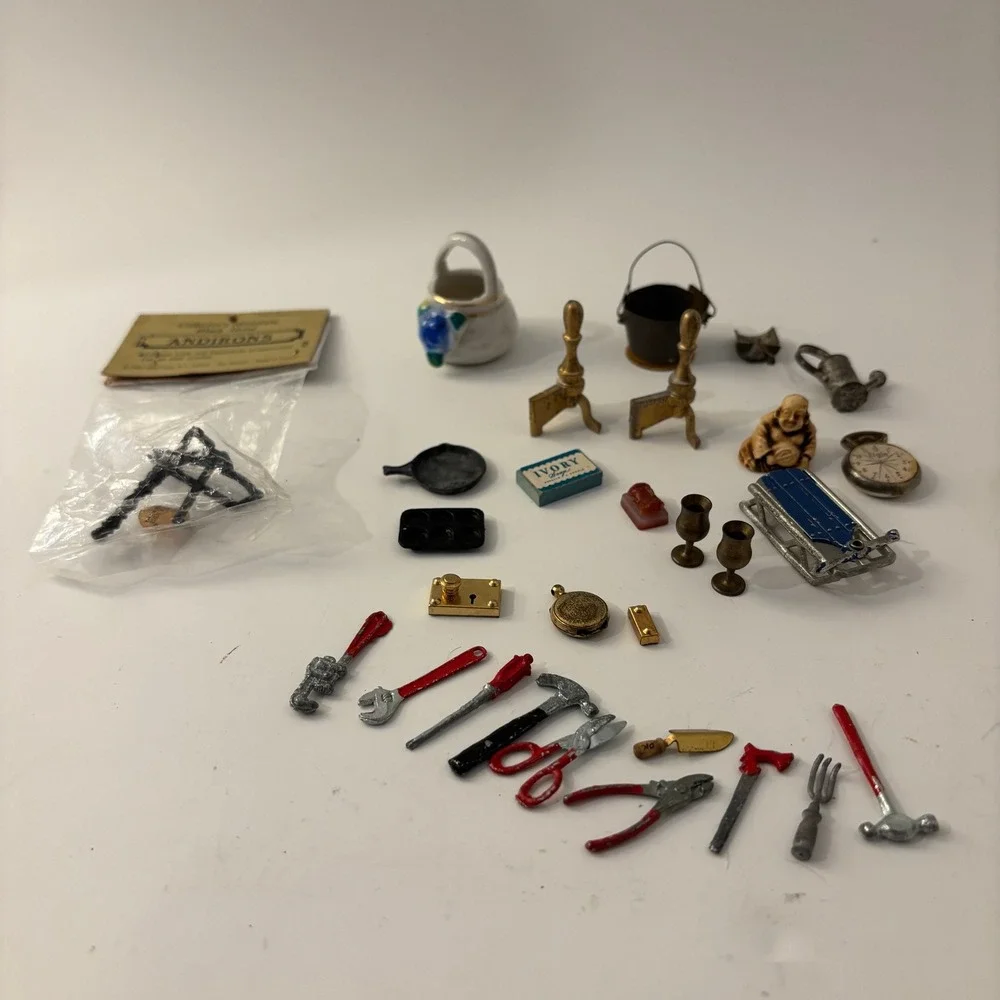 VTG Dollhouse Miniatures Lot Metal Tools Andirons Shackman Sled Cookware 1:12